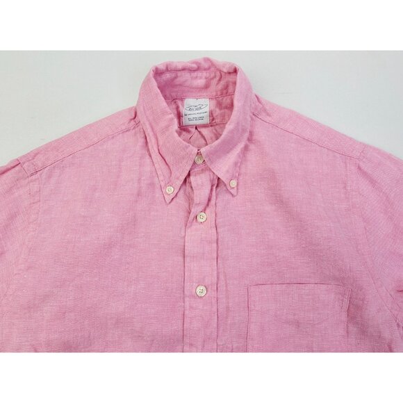 Brooks Brothers Size Medium Pink All Irish Linen Short Sleeve Button Down Shirt - Picture 10 of 10